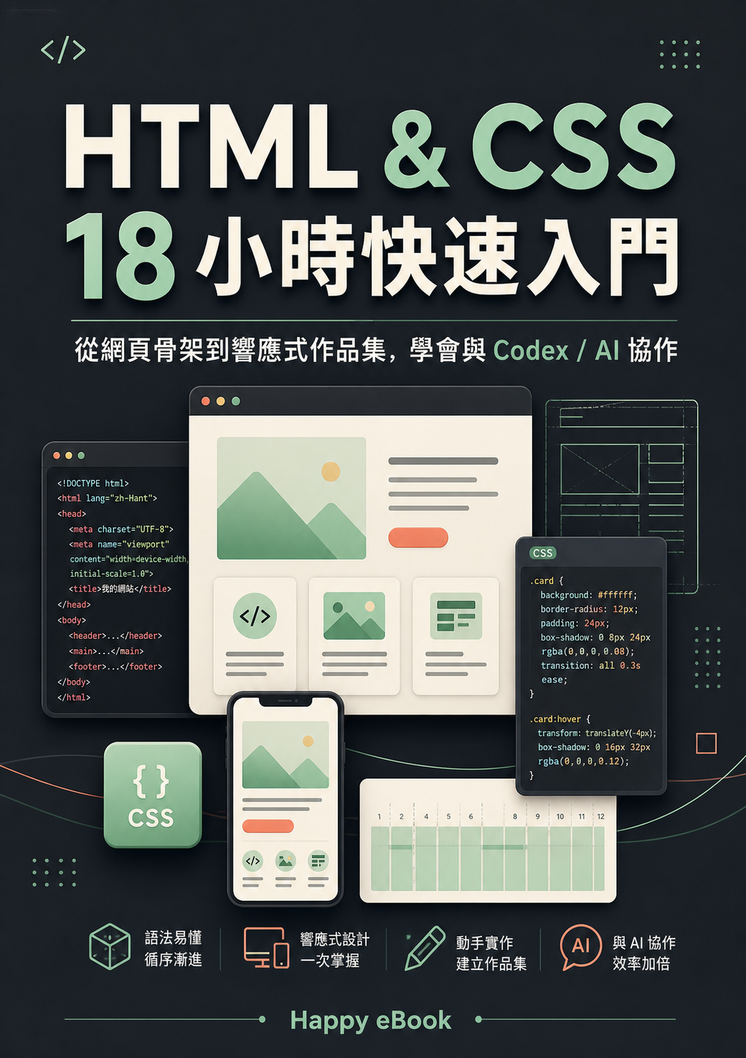 HTML & CSS 18 小時快速入門：從網頁骨架到響應式作品集，學會與 AI 協作完成第一個前端專案 書封