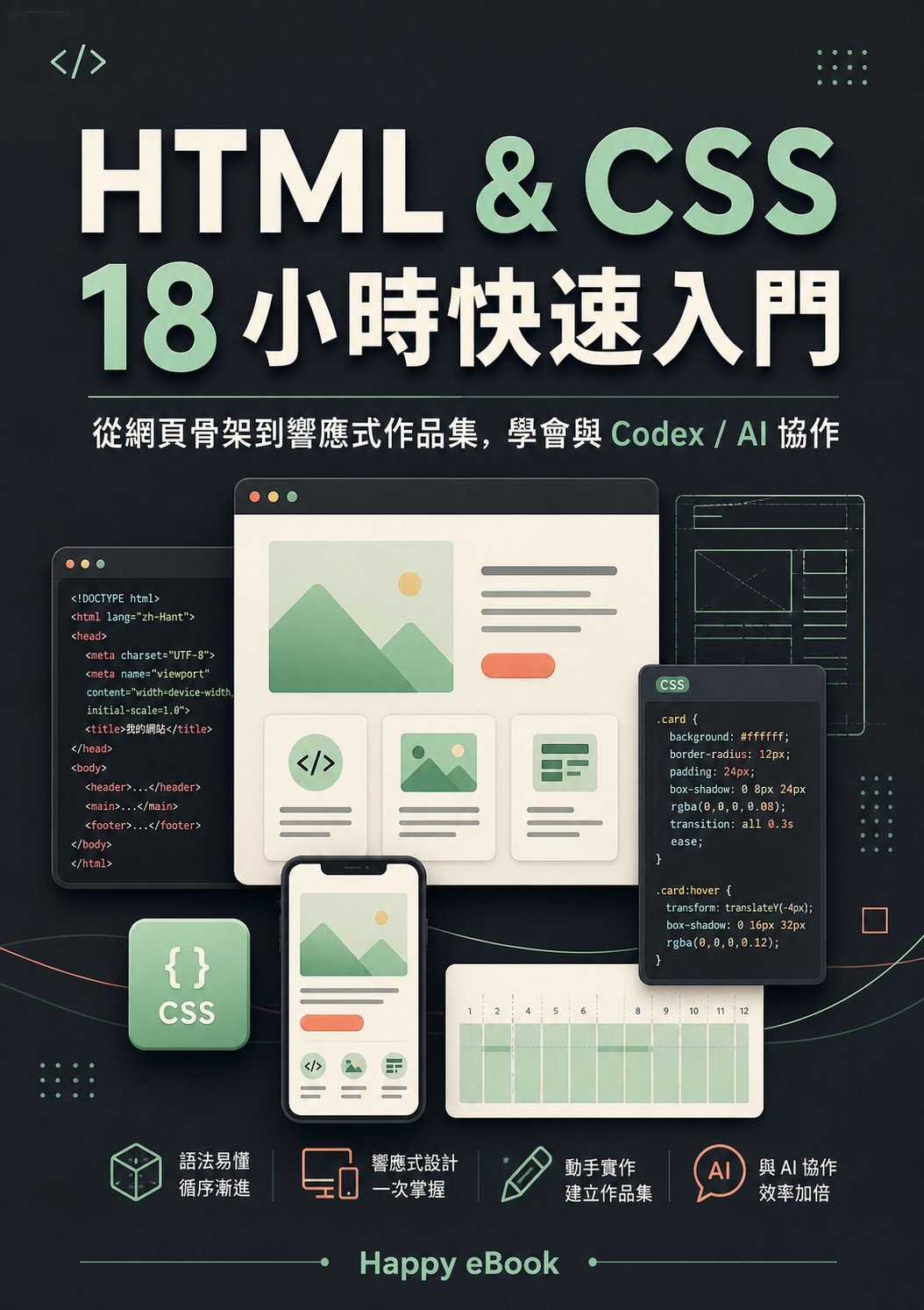 HTML & CSS 18 小時快速入門：從網頁骨架到響應式作品集，學會與 AI 協作完成第一個前端專案 書封