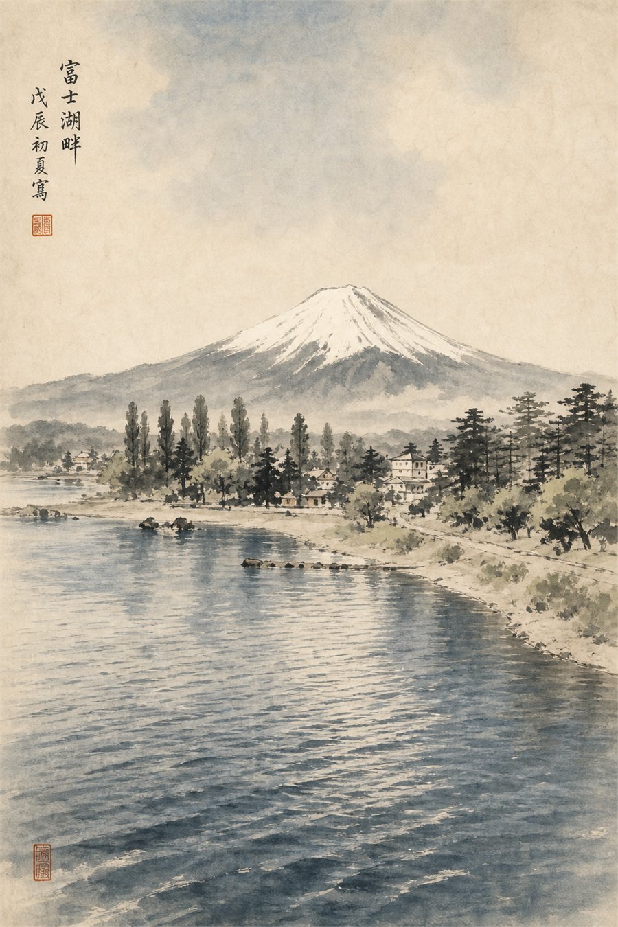 富士山湖畔水墨畫，套用春夏秋冬變化