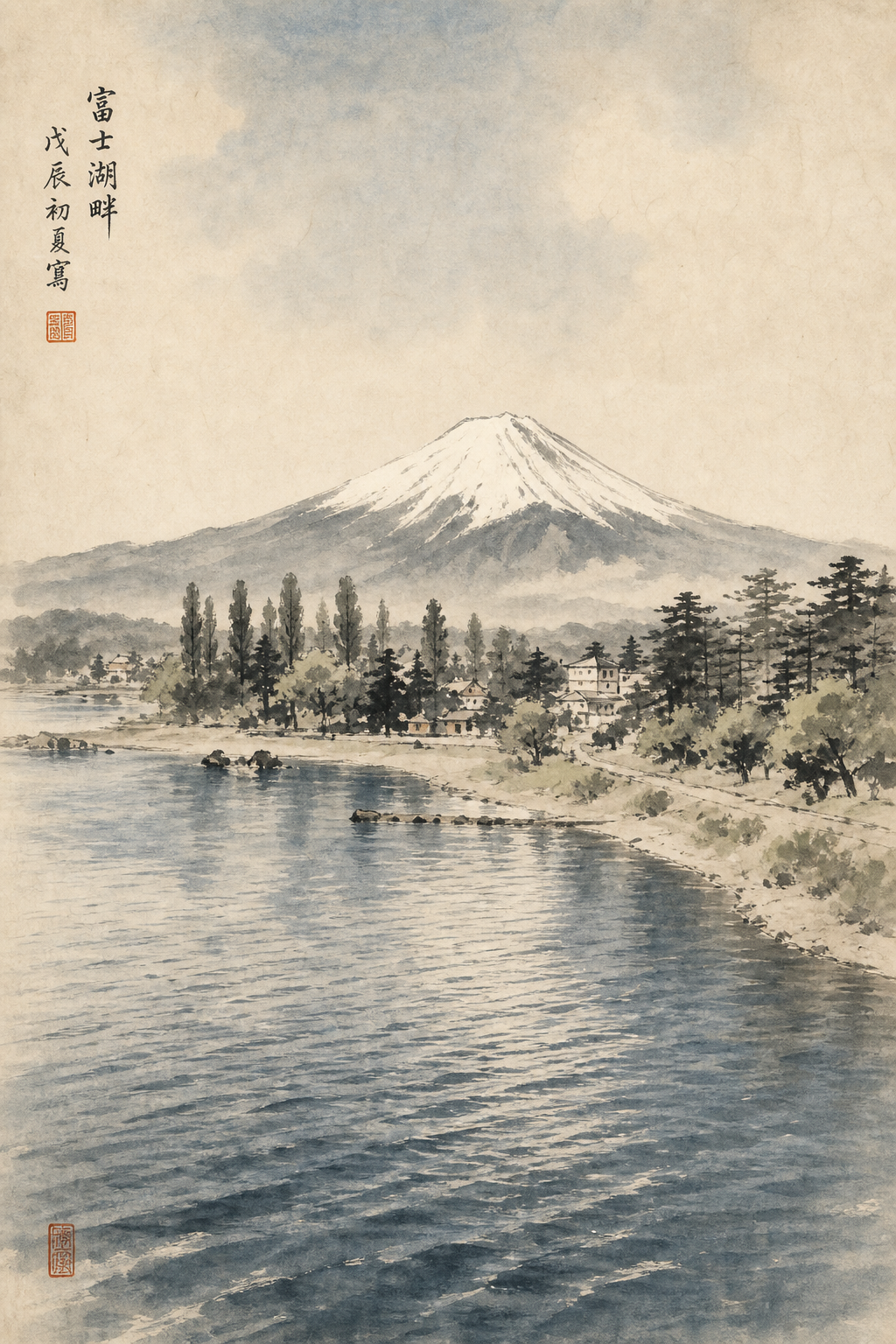 富士山湖畔水墨畫，套用春夏秋冬變化